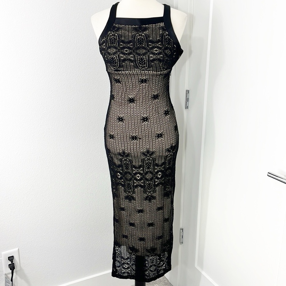 CDC Size 6 Petite Black, Tank Crochet Overlay Sleeveless Bodycon Midi Dress